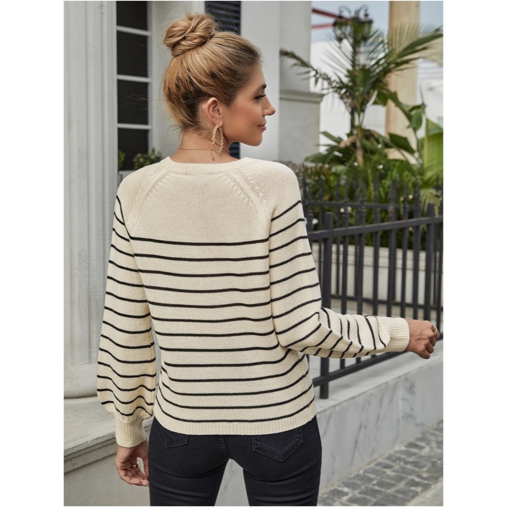 Striped Beige Henley Style Sweater - Picture 2 of 6